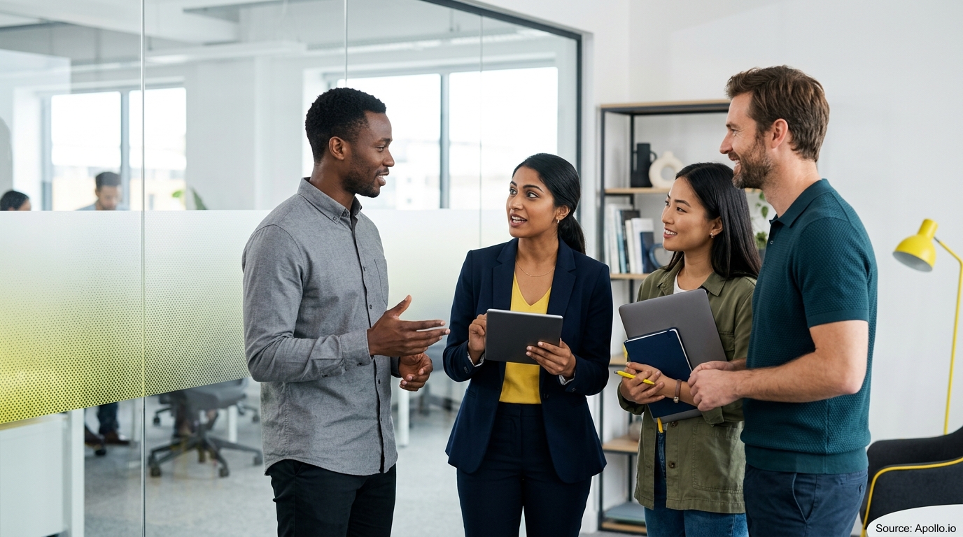 Four diverse professionals collaborate in a modern office, discussing work while holding a tablet and notebook.