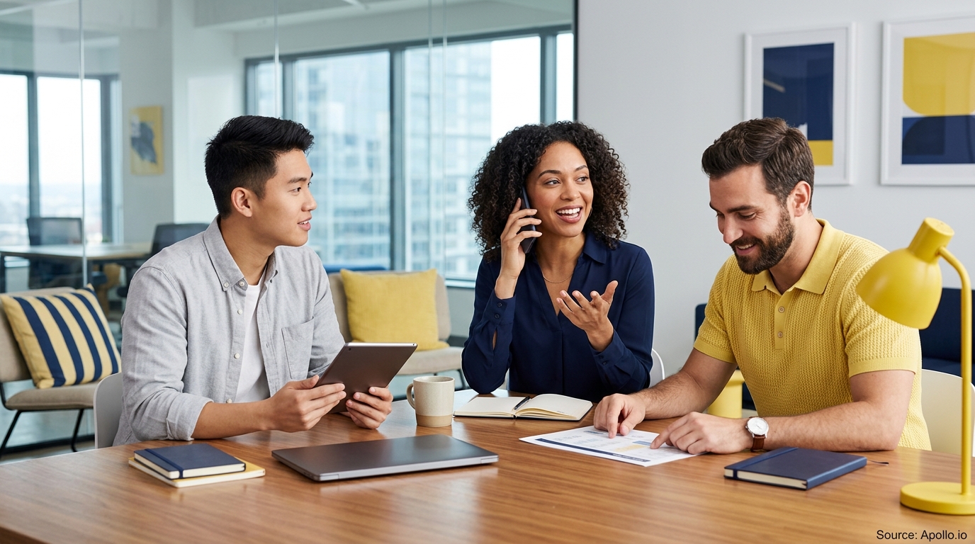 Three diverse professionals collaborate at a wooden table in a modern office using a tablet, phone, and documents.