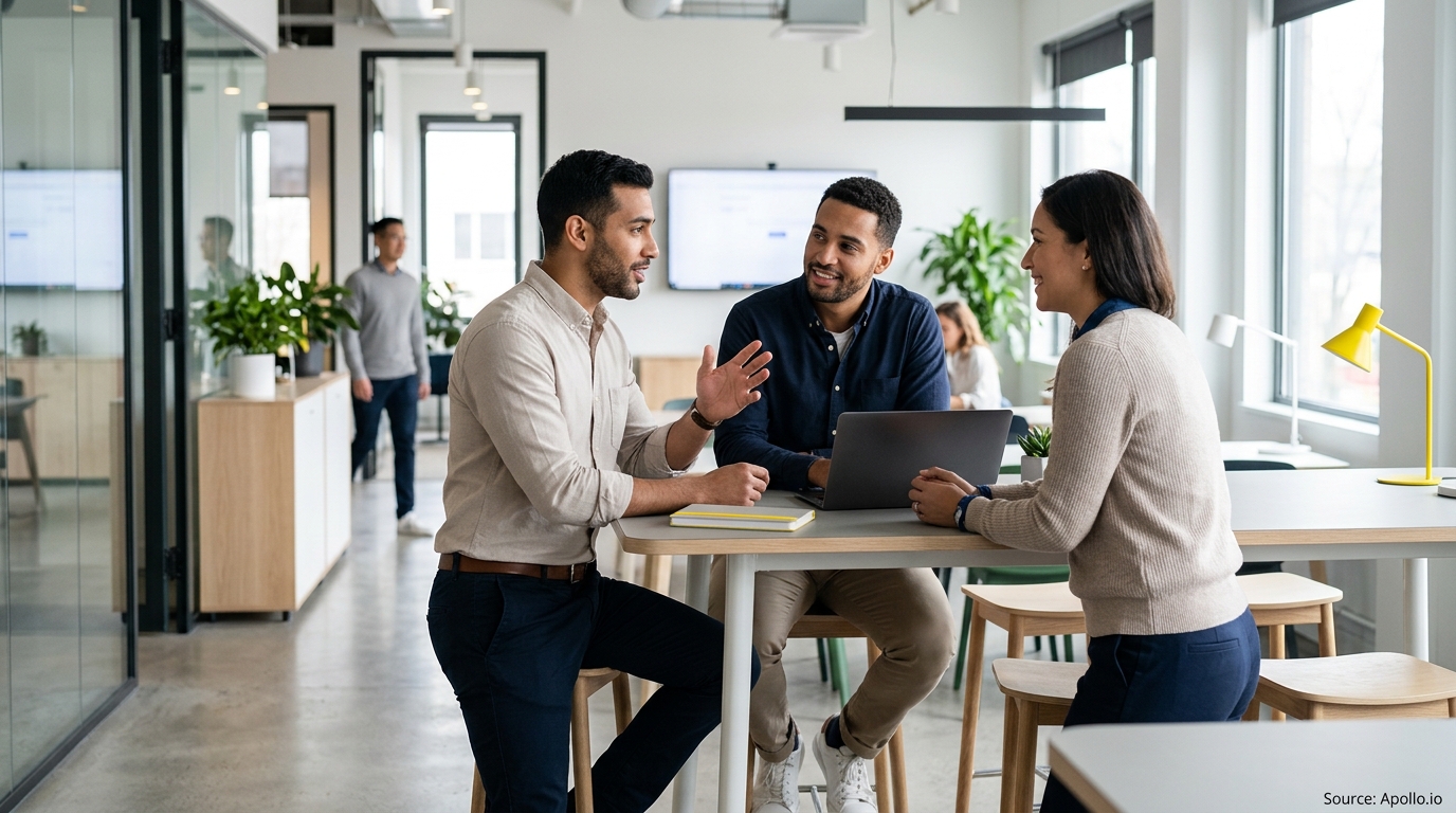 Three professionals collaborate around a laptop at a high table in a bright, modern office space.