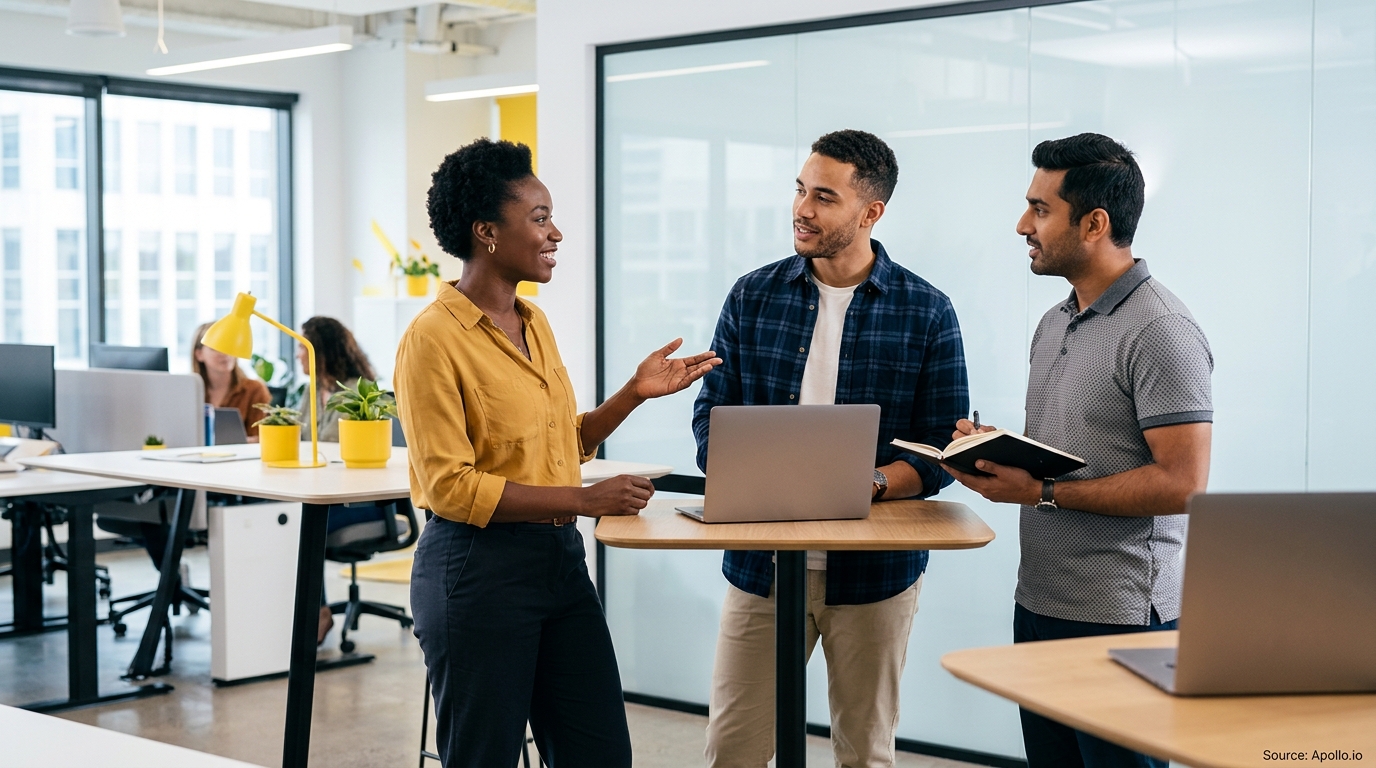 Three diverse professionals discuss business strategies around a standing desk in a bright, modern office space.