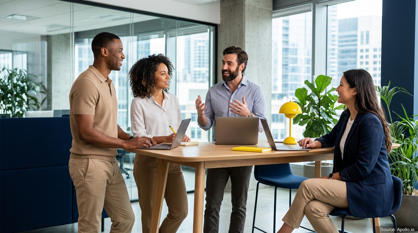 Four diverse professionals collaborate at a high table with laptops in a bright, modern office.
