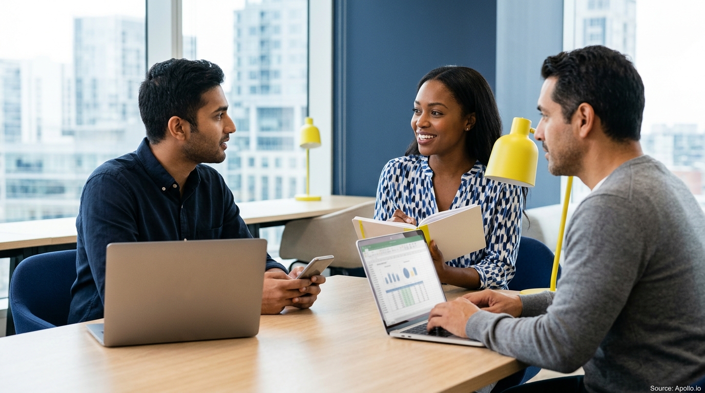 Three professionals discuss work around a desk with laptops and a notebook in a modern city office.