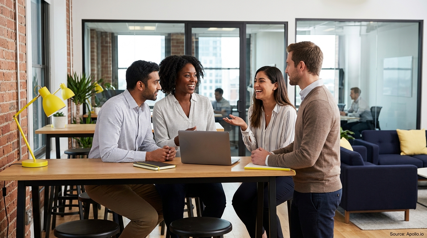 Four diverse professionals collaborate around a laptop at a wooden table in a bright, modern office.