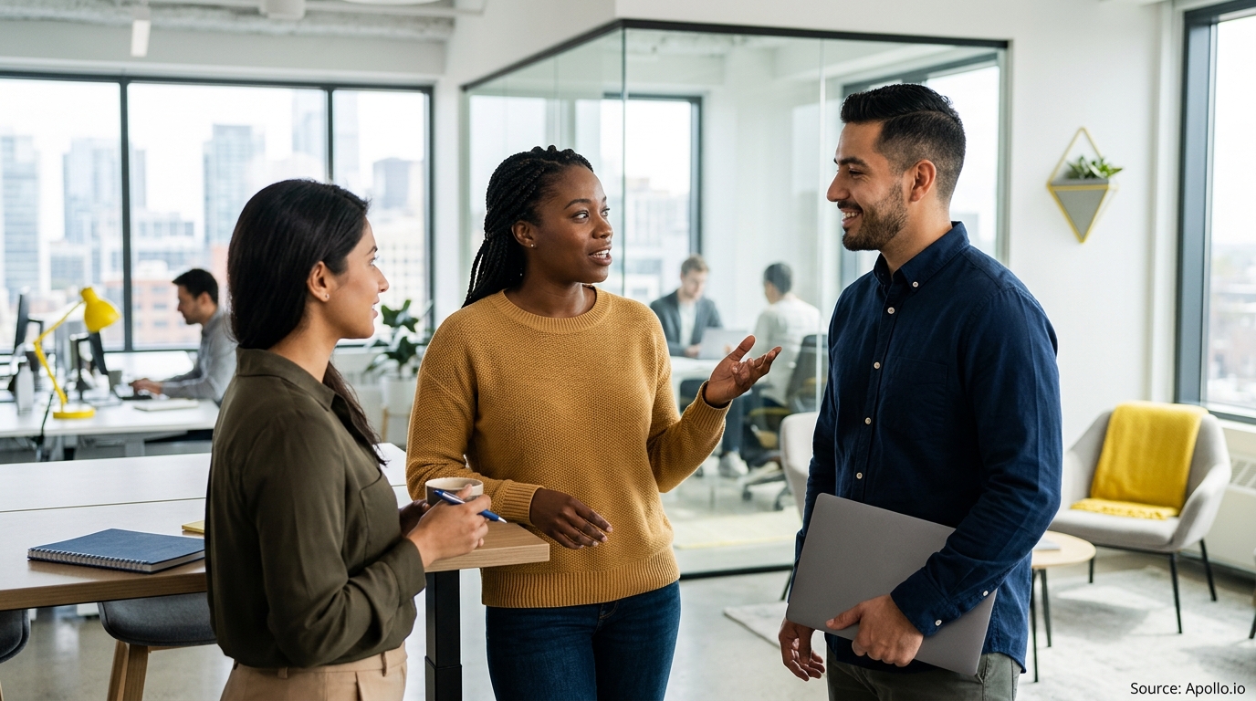 Three professionals engage in conversation within a bright, modern office featuring large windows and city views.