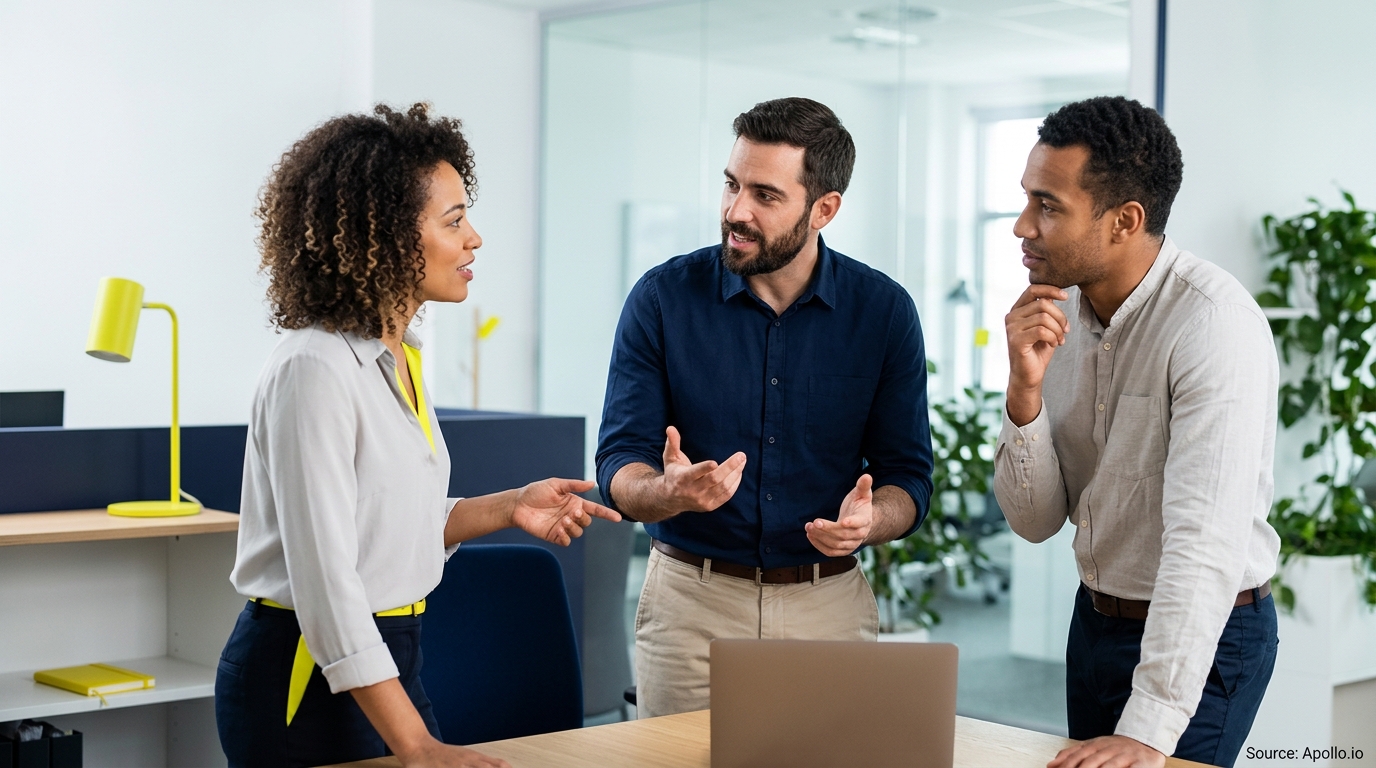 Three professionals collaborate around a laptop in a bright, modern office setting.
