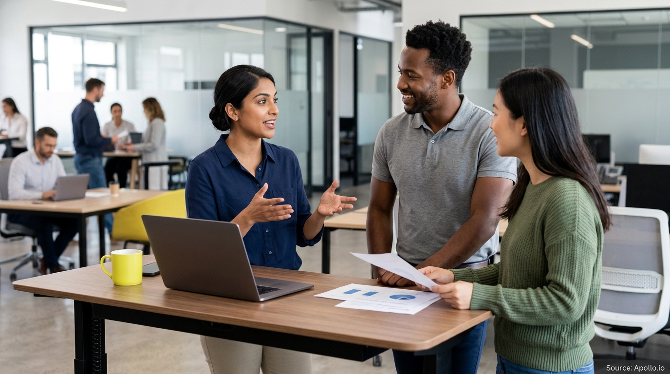 Three professionals collaborate over a laptop and documents at a standing desk in a modern office environment.