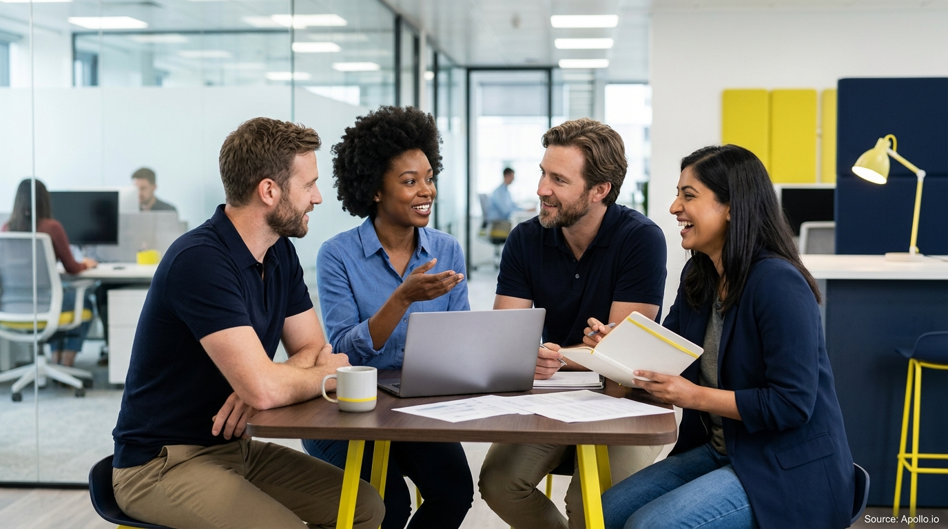 Four diverse professionals collaborate and smile around a laptop at a table in a modern open-plan office.