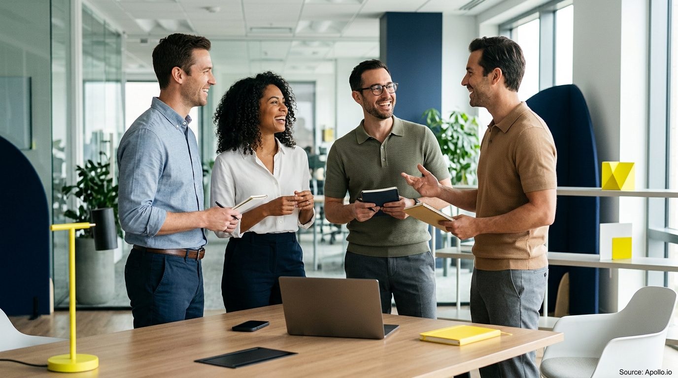 Four smiling professionals conversing around a table in a bright, modern office setting.