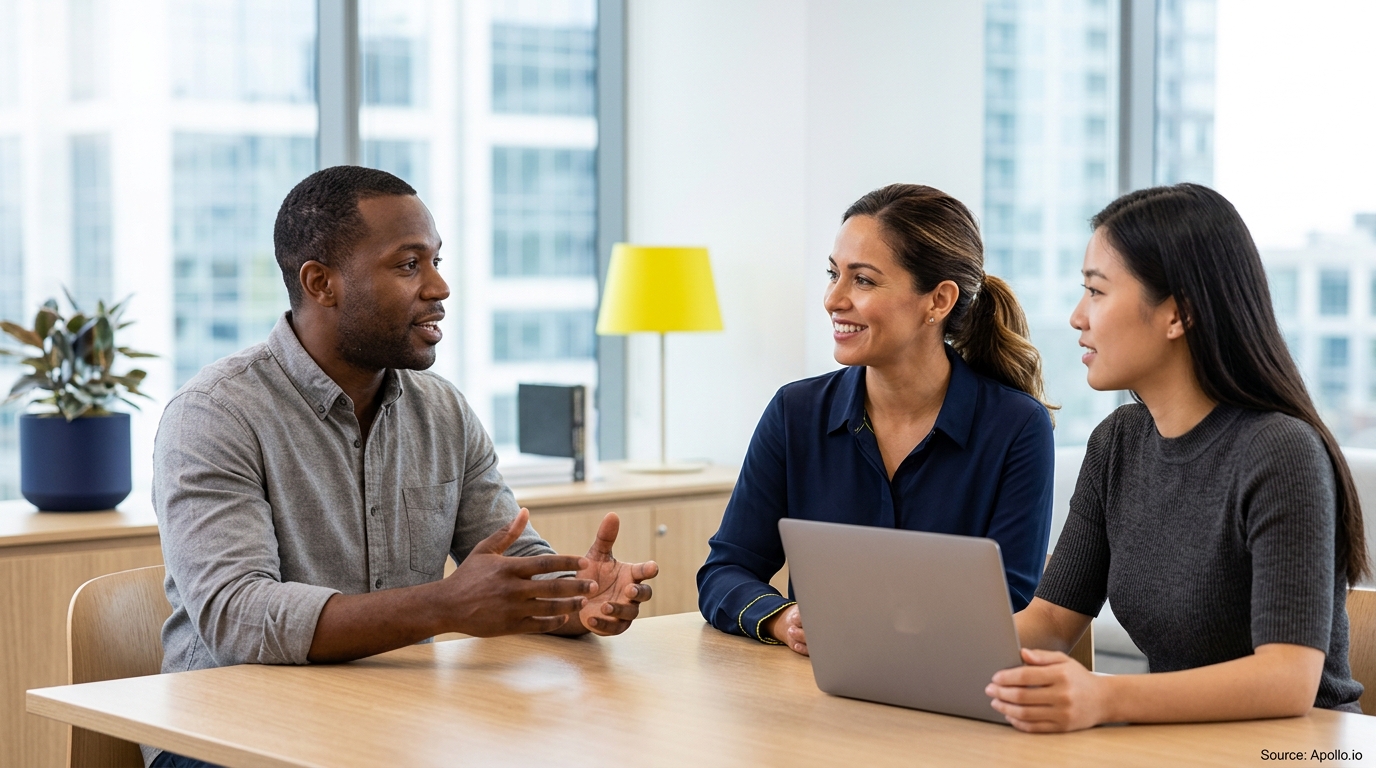 Three diverse professionals discuss work around a laptop in a bright, modern office setting.