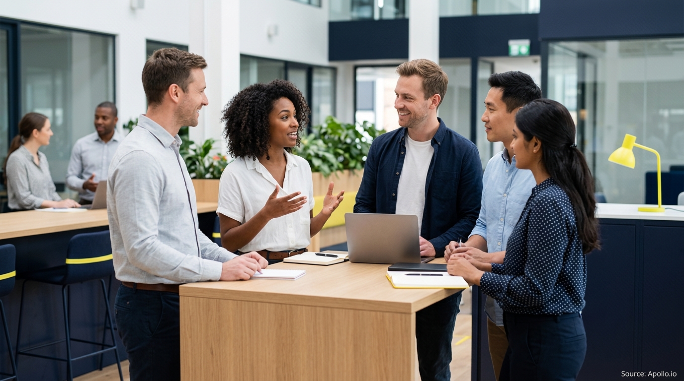 Five diverse professionals converse around a high table with a laptop in a bright, modern office.