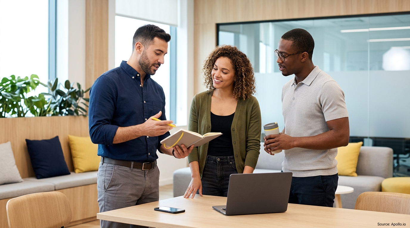 Three professionals discuss a notebook and laptop while standing around a table in a modern office setting.