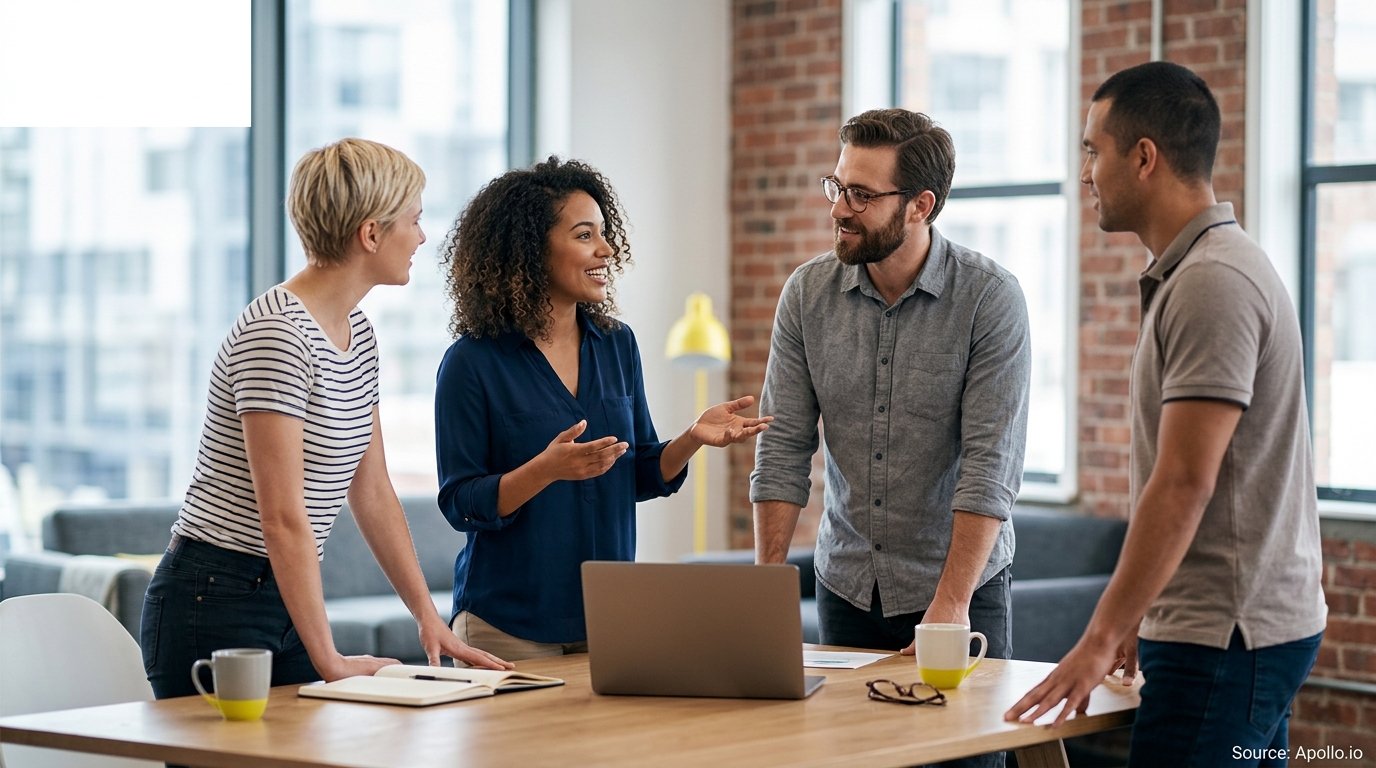 Four people stand around a wooden table in a modern office, talking and gesturing during a collaborative meeting.