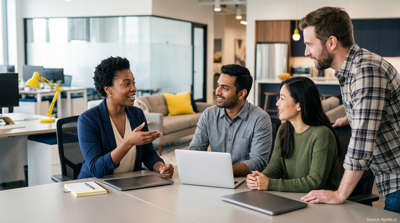 Four diverse colleagues talk and collaborate around a desk with laptops in a bright, modern office.