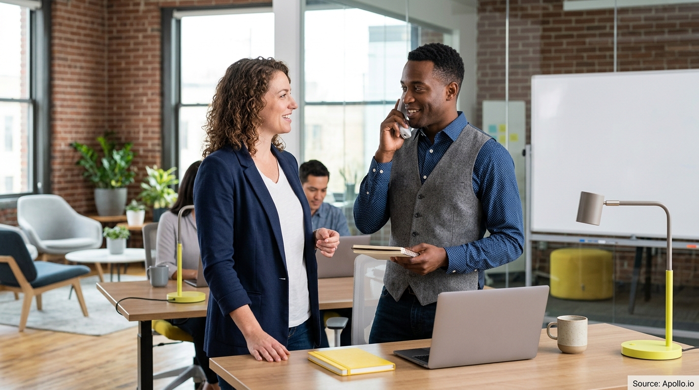 Four professionals interact and work in a bright, modern office with brick walls and large windows.
