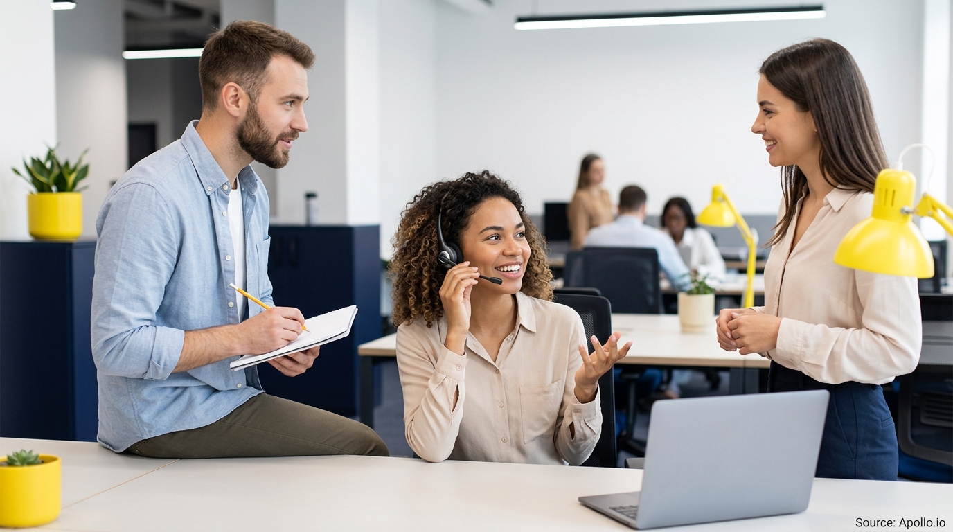 Three diverse professionals collaborate in a bright, modern office with a laptop, headset, and notebook.