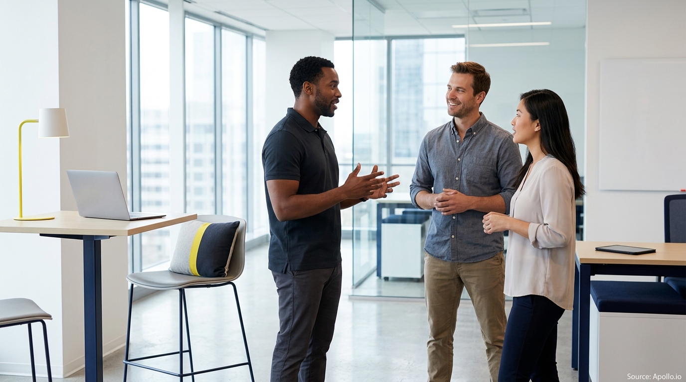 Three diverse professionals converse in a bright, modern office with large windows and glass walls.