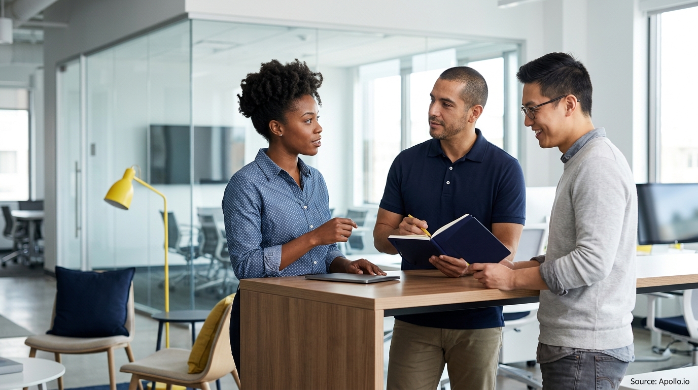 Three diverse colleagues stand around a high table discussing work in a bright, modern office setting.