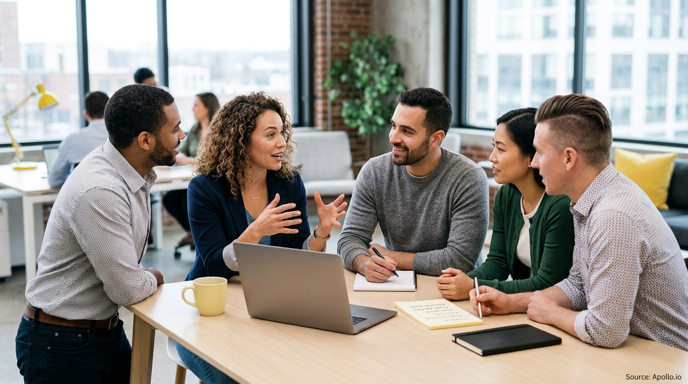 Five diverse professionals collaborate around a laptop and notebooks at a wooden table in a bright modern office.