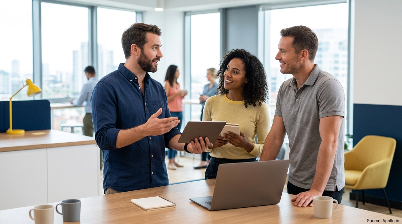 Three professionals collaborate over a tablet and laptop in a bright, modern office setting.