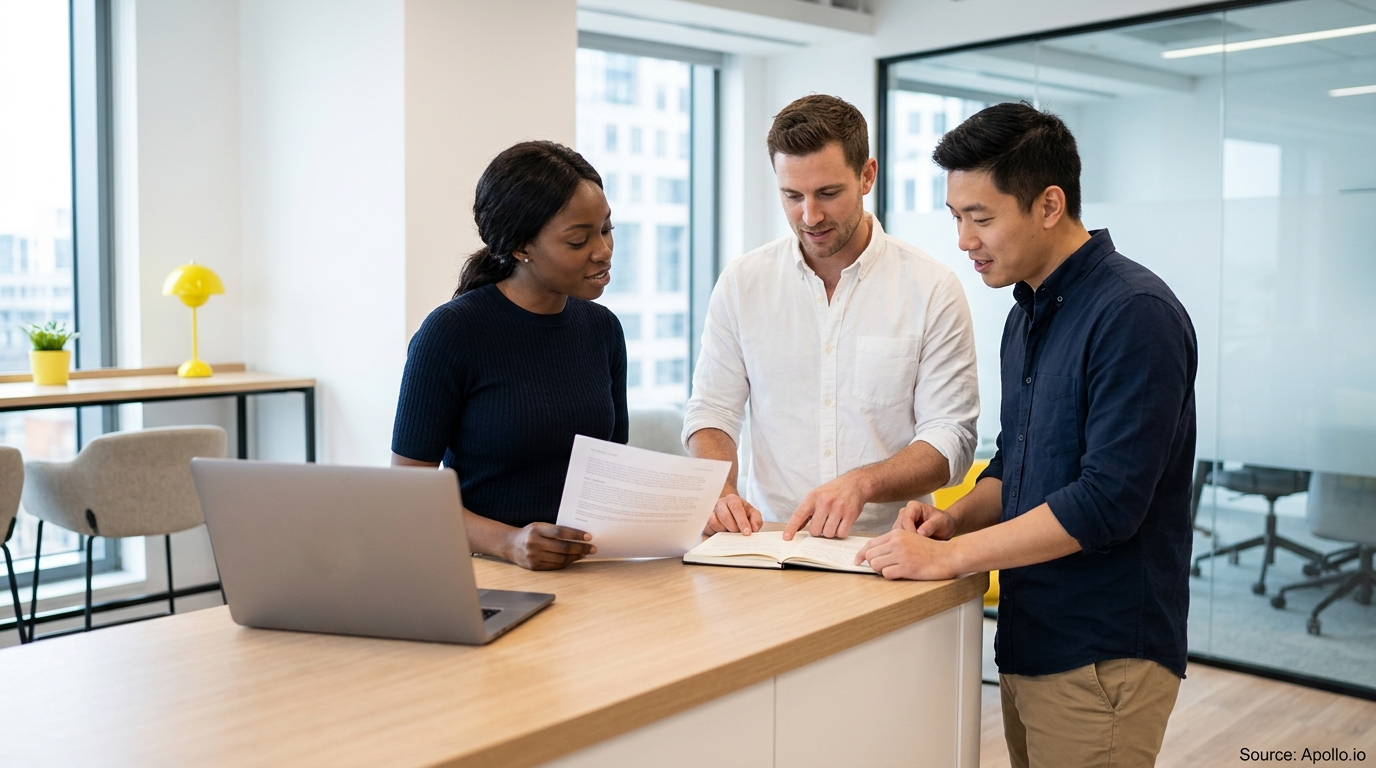 Three professionals review documents and a notebook together at a high table in a modern office.