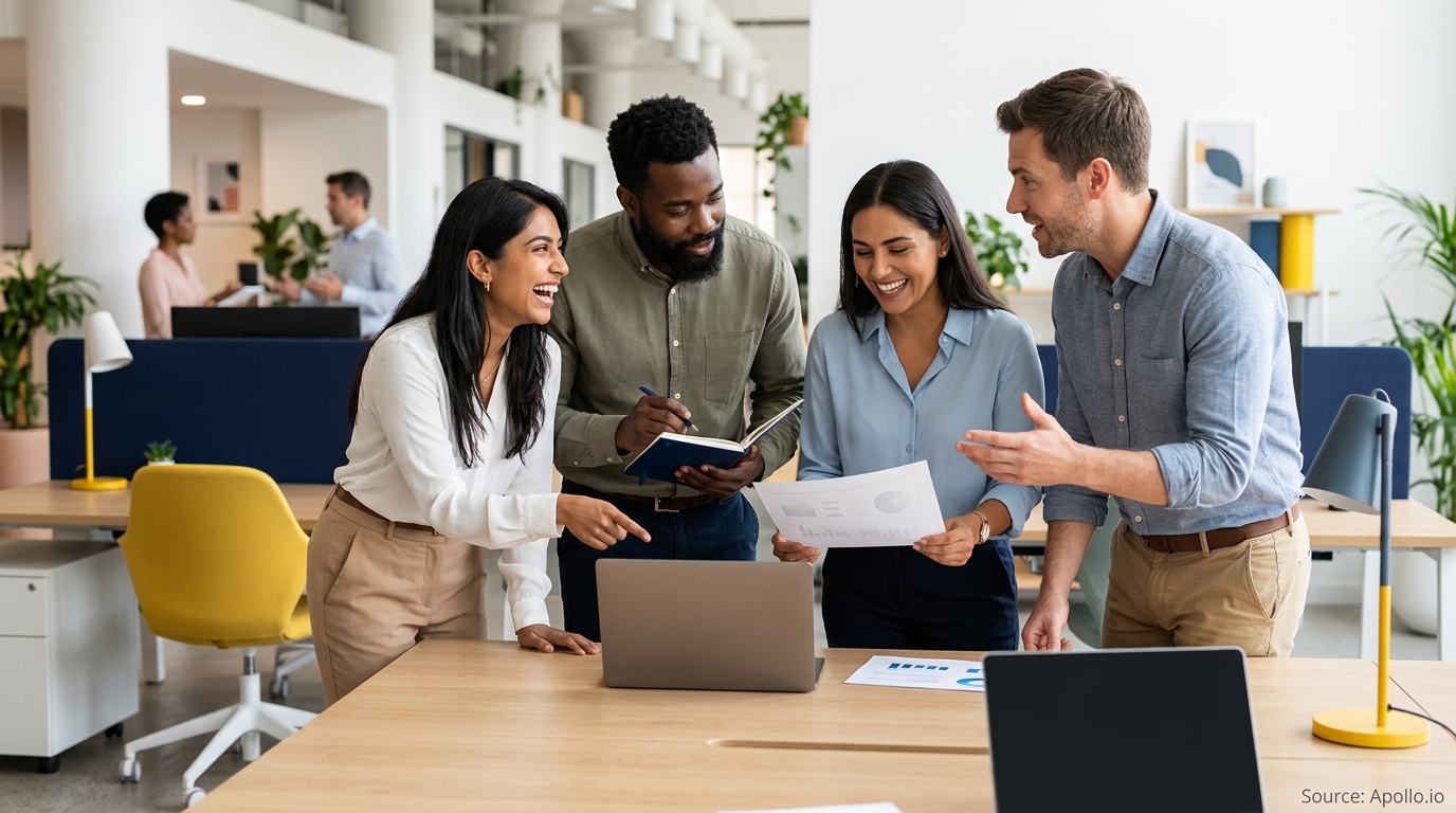 Four diverse professionals laugh and collaborate over a laptop in a bright, modern open-plan office.