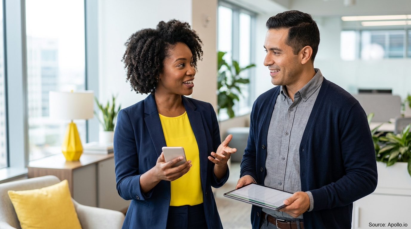 Two professionals discuss data on a smartphone and tablet in a bright, modern office setting.