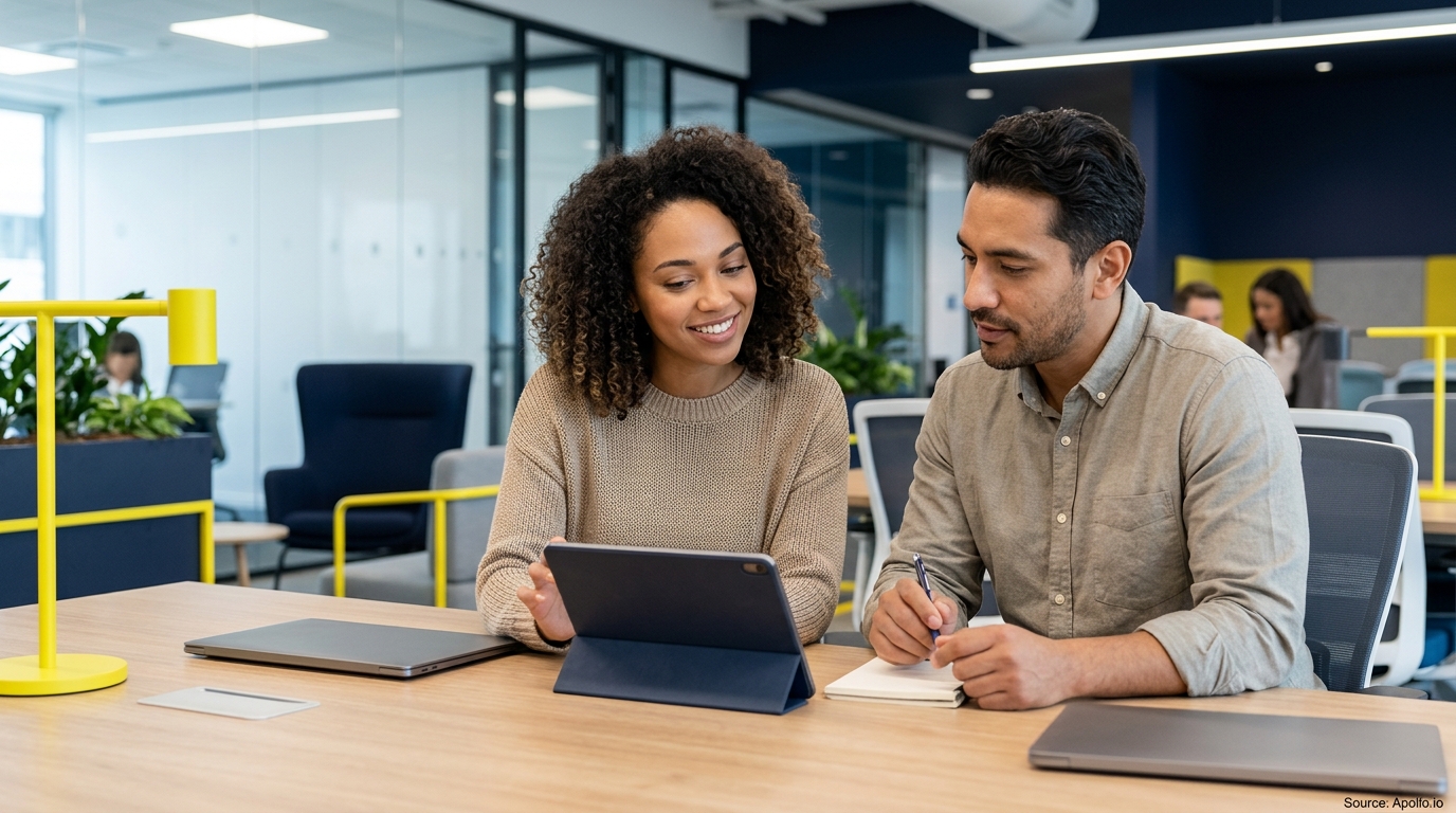 Two professionals collaborate using a tablet and notepad at a wooden table in a bright, modern office.