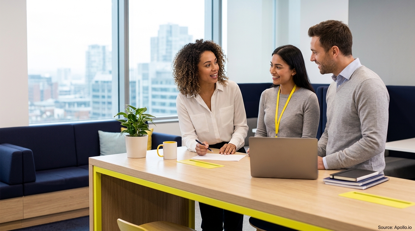 Three professionals collaborate at a modern office table with a laptop and a city view.