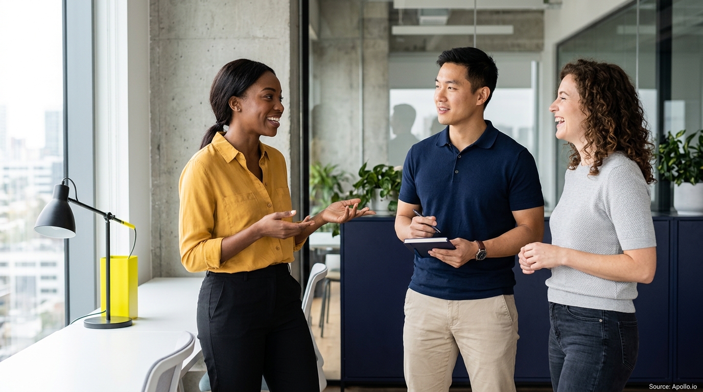 Three diverse professionals talk and smile in a bright, modern office while one holds a notebook.