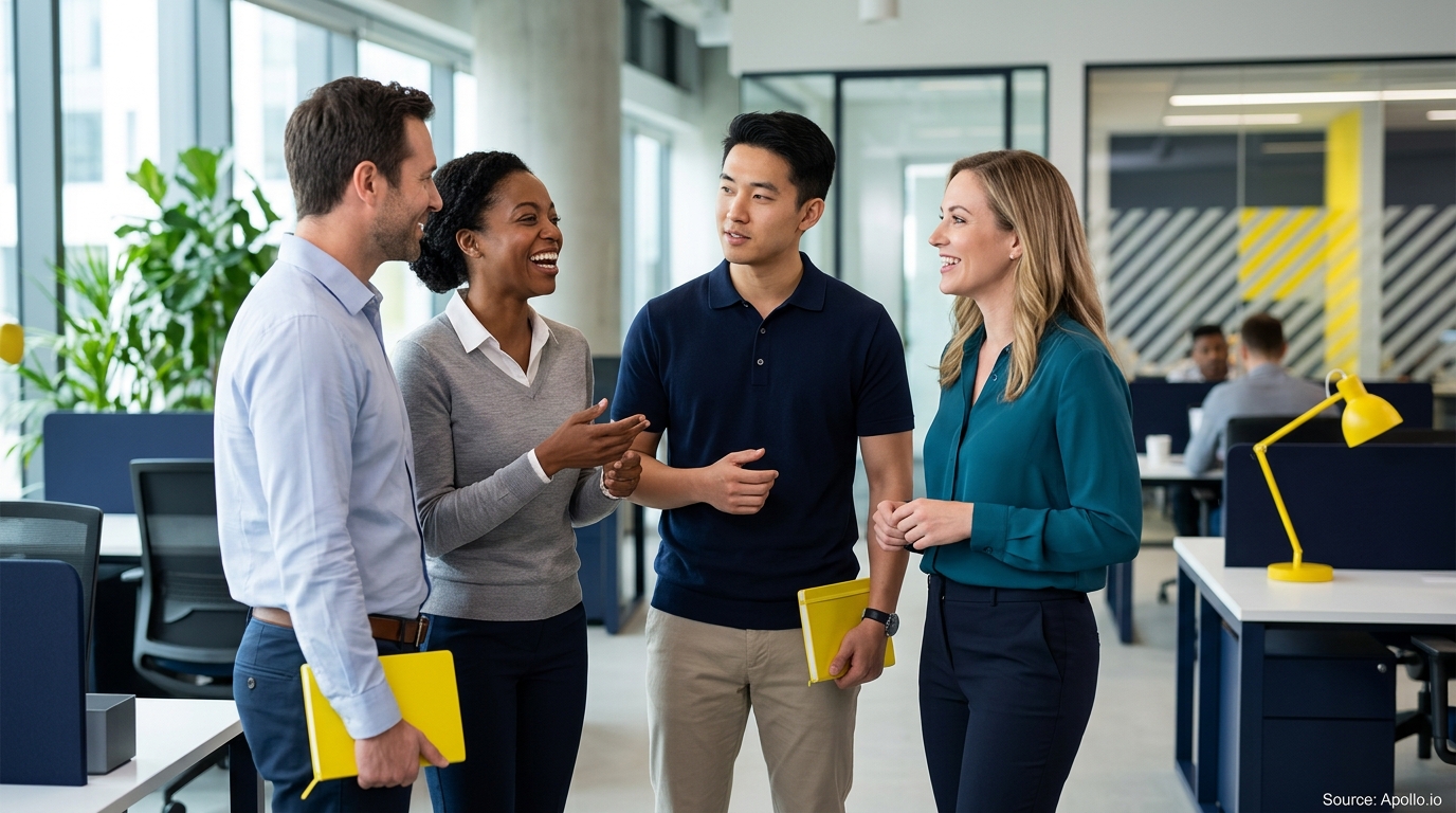Four diverse professionals talk and smile while standing in a bright, modern open-plan office.