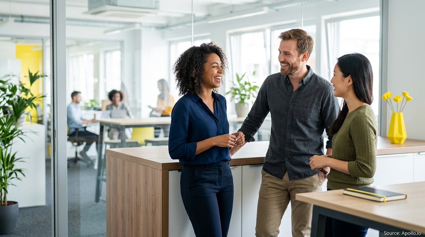 Three smiling professionals talk and laugh in a bright, modern office with glass partitions and indoor plants.