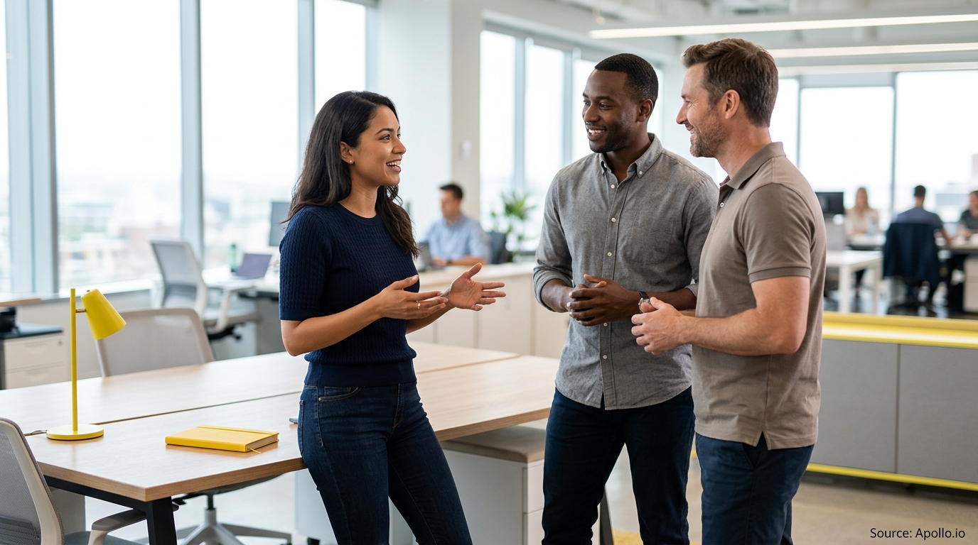 Three professionals talk and gesture while standing in a bright, modern office with large windows.