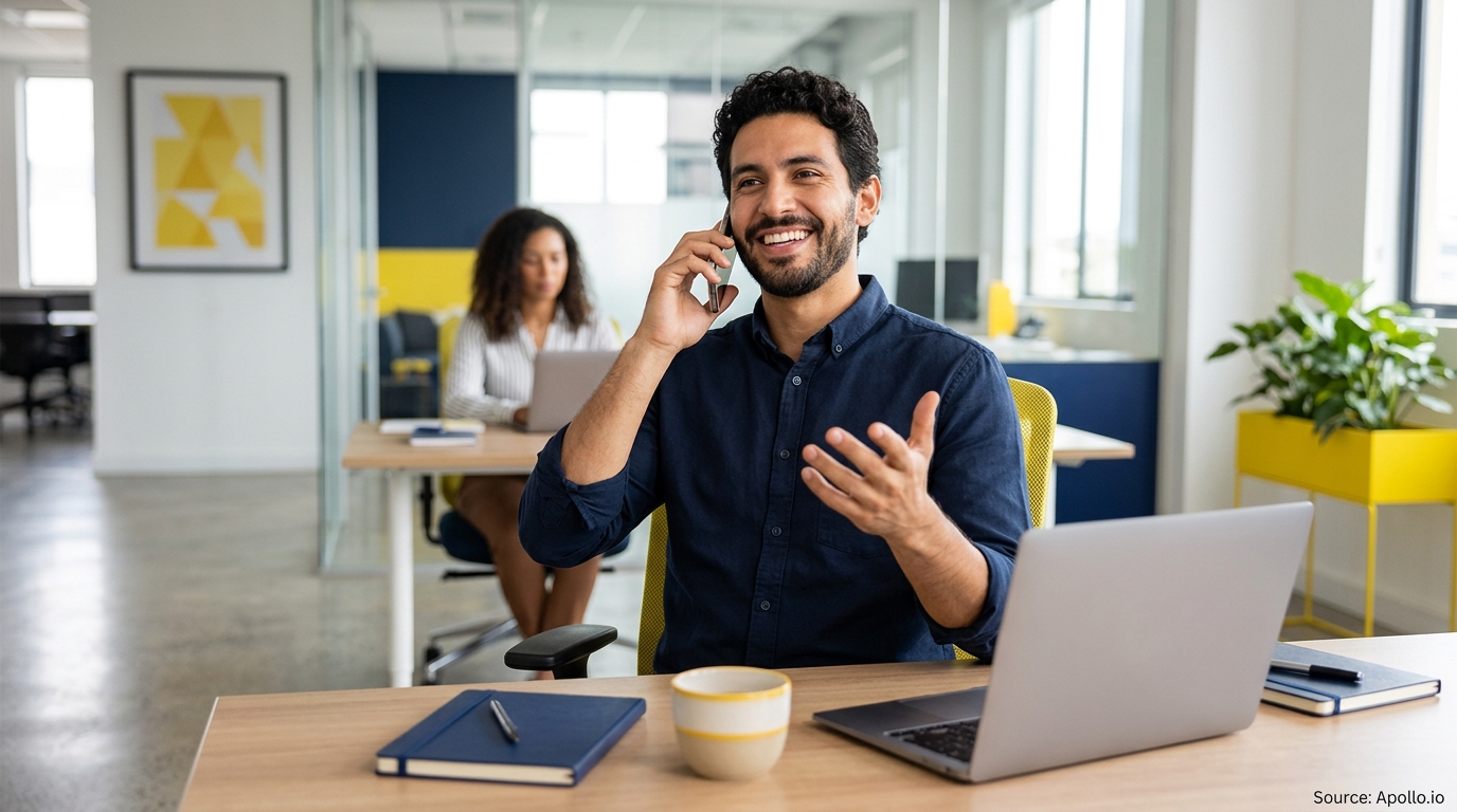 A smiling man talks on a phone at a desk with a colleague working in the background.