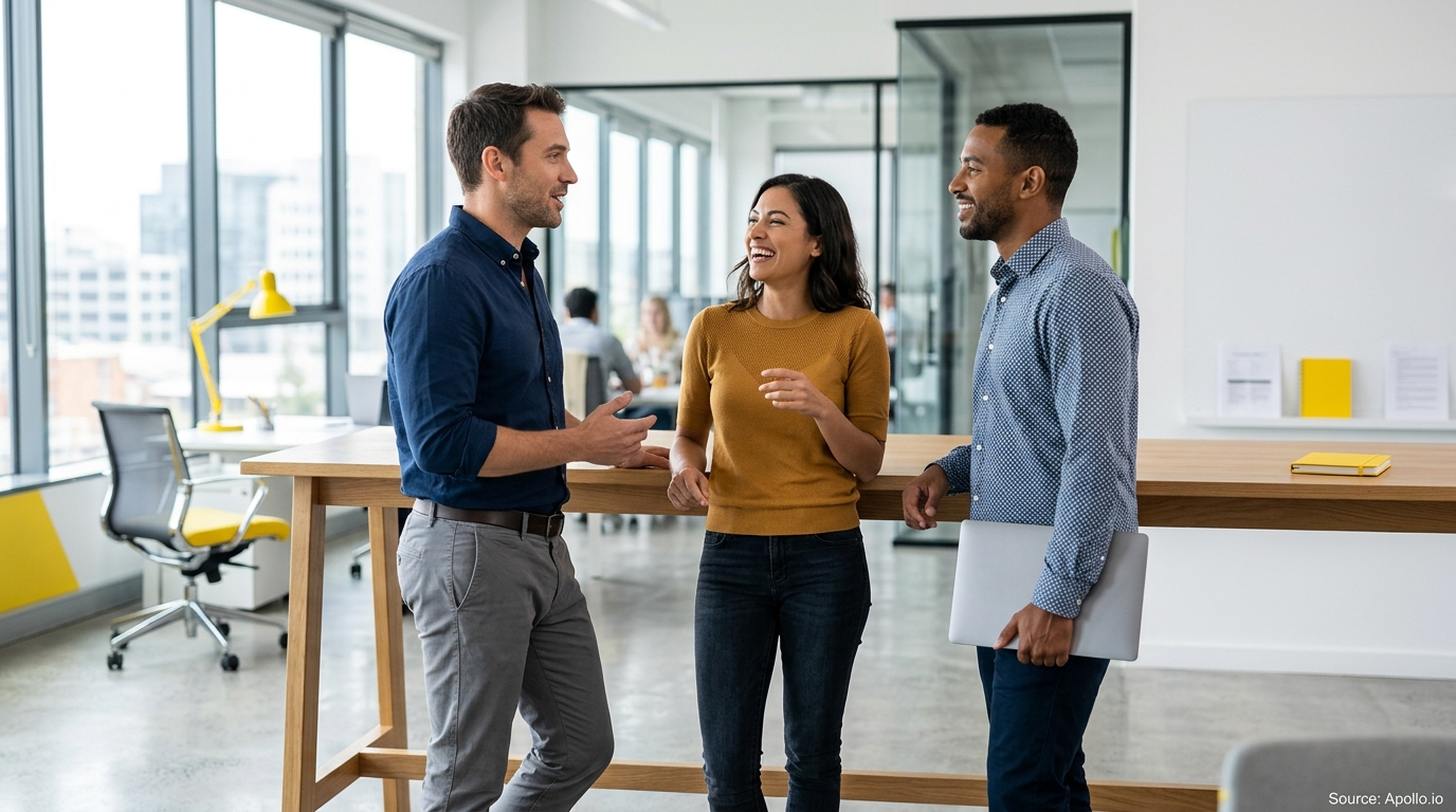 Three professionals stand and converse around a high wooden table in a bright, modern office.