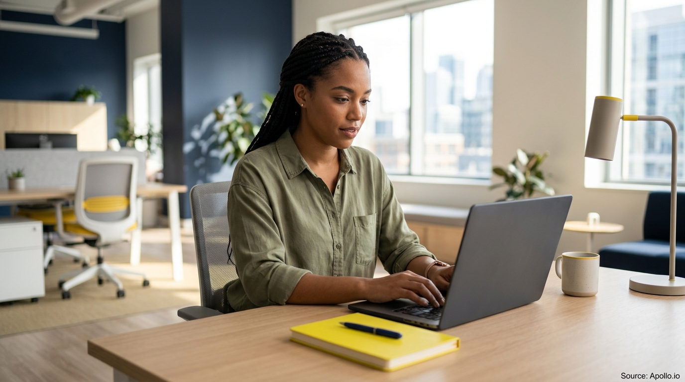 A woman with braided hair works on a laptop at a desk in a bright, modern office.