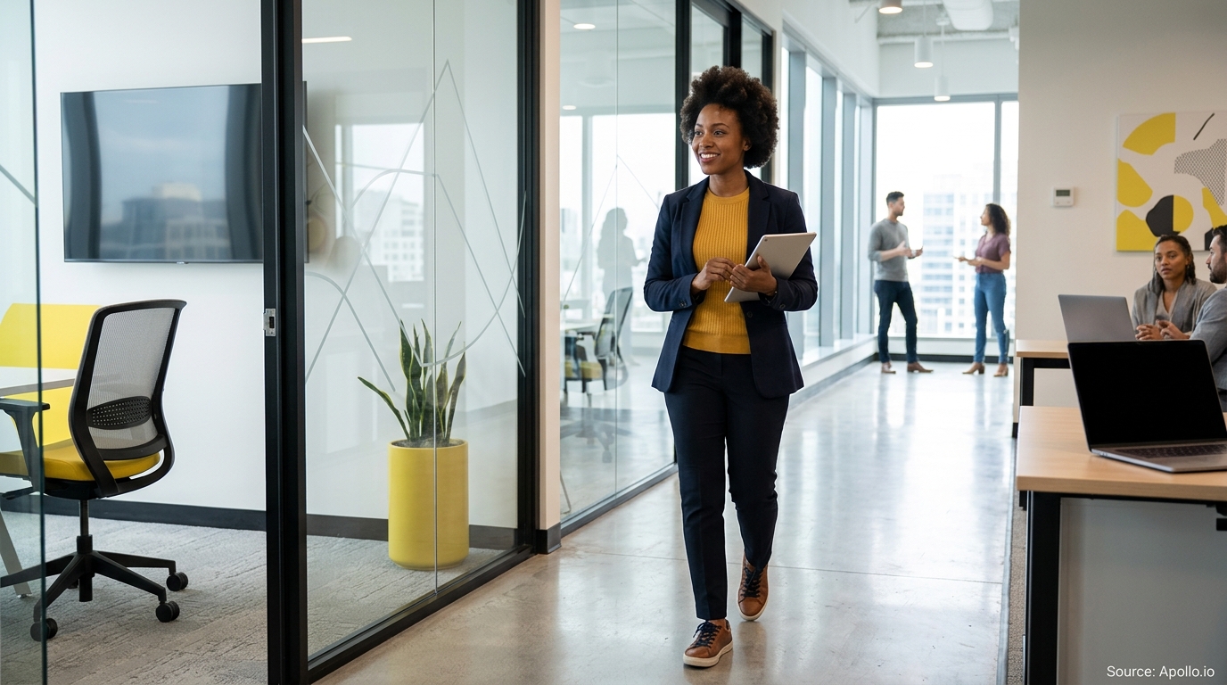 A woman walks through a modern office holding a tablet while colleagues talk and work in the background.