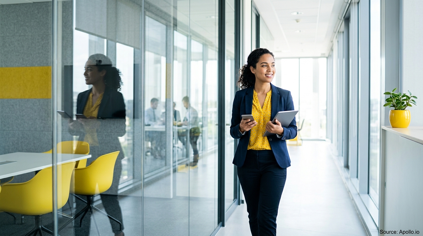 A woman walks through a bright office holding a phone and tablet while three colleagues work behind glass.