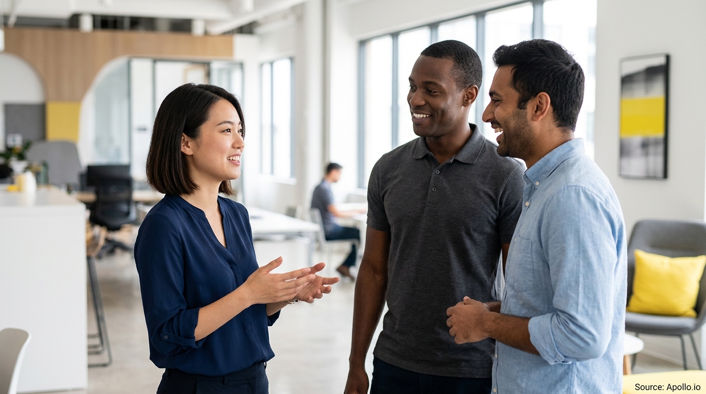 Three diverse professionals smiling and conversing in a bright, modern office workspace.