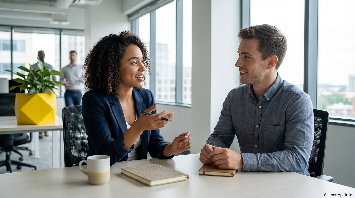 Two smiling colleagues discuss at an office table, with a woman gesturing as others work nearby.