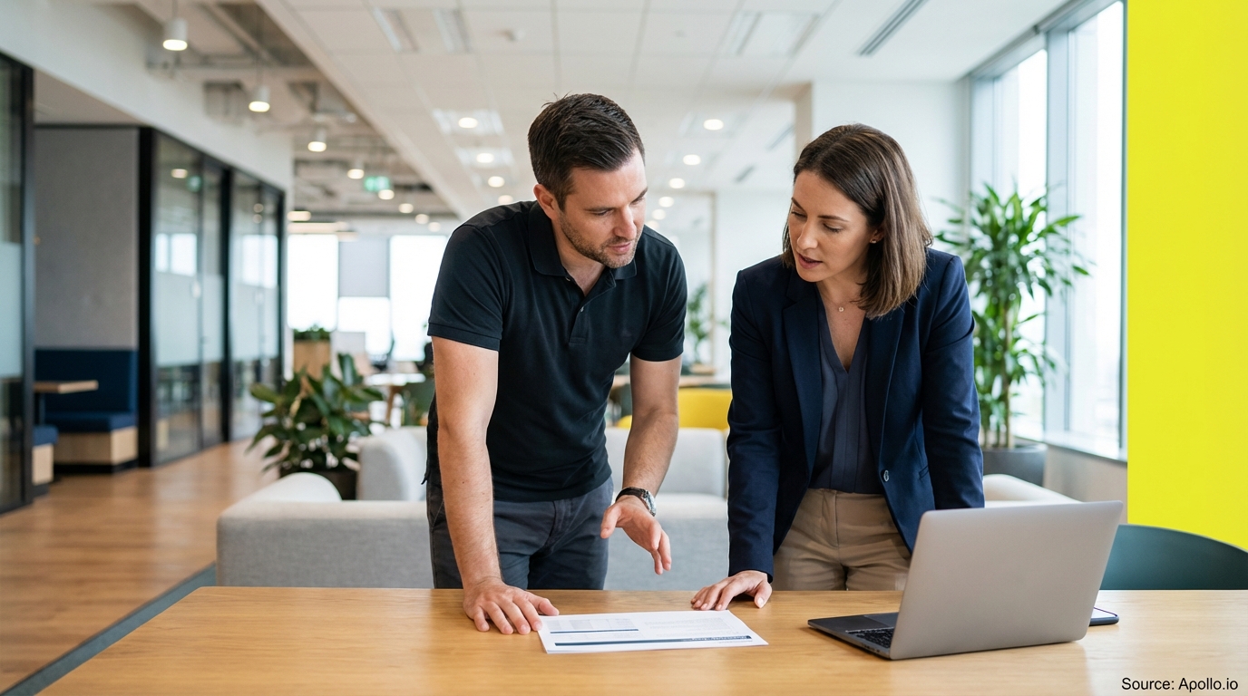 Two professionals discuss a document and laptop at a modern office table.