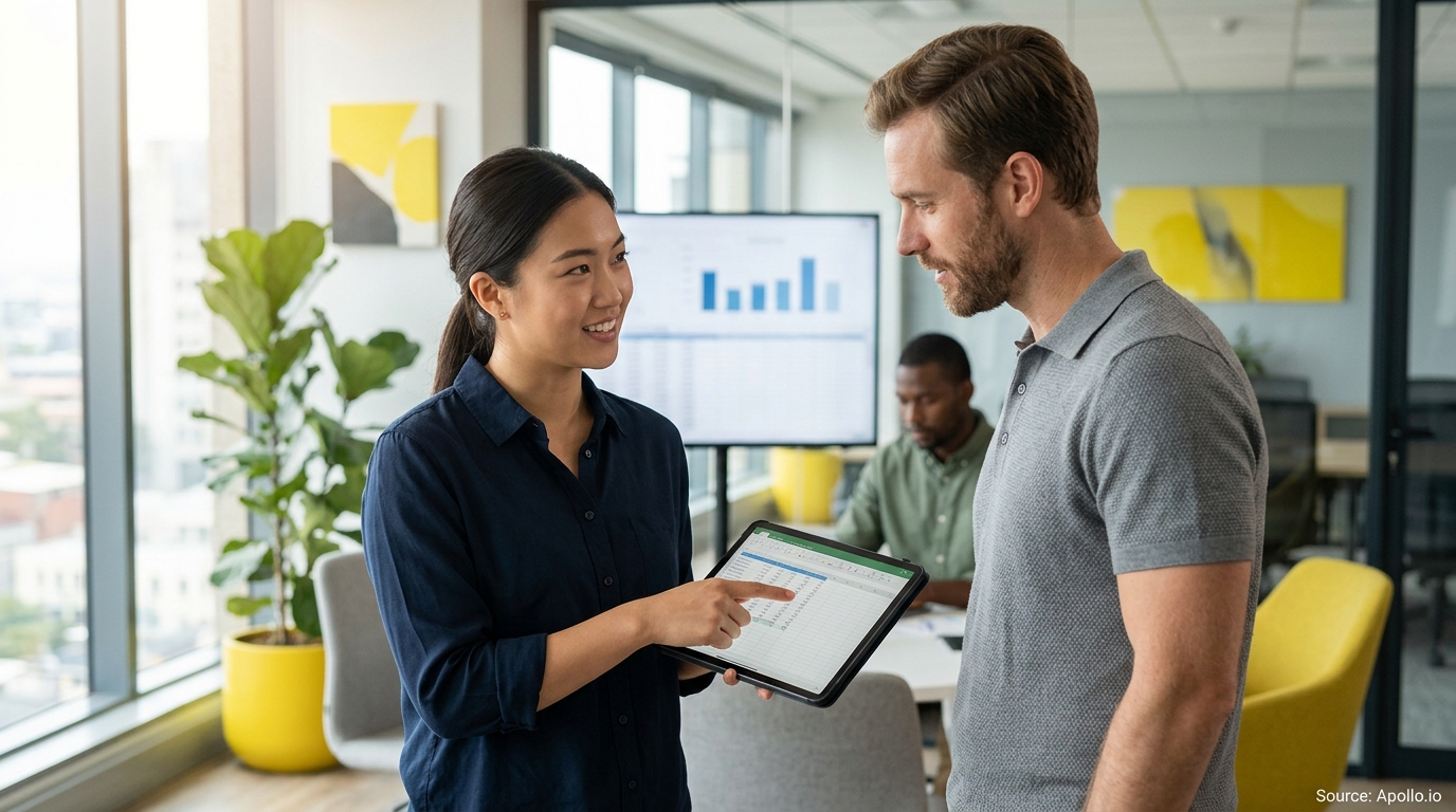 Three professionals in a bright office as a woman shows data on a tablet to a male colleague.