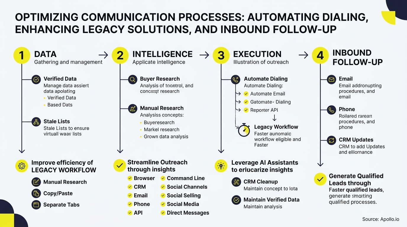 Four columns outline a communication workflow including data gathering, intelligence research, automated execution, and inbound lead follow-up.