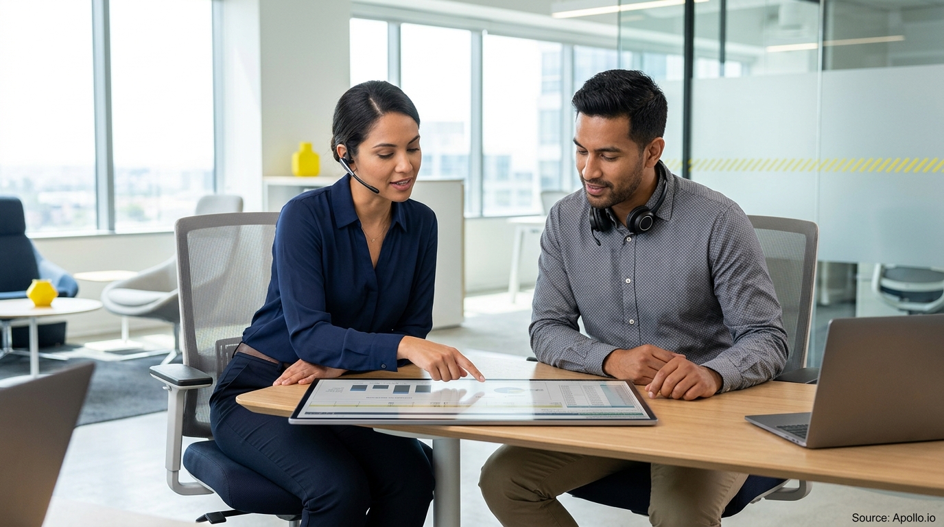 Two professionals wearing headsets analyze data charts on a large tablet in a modern office setting.