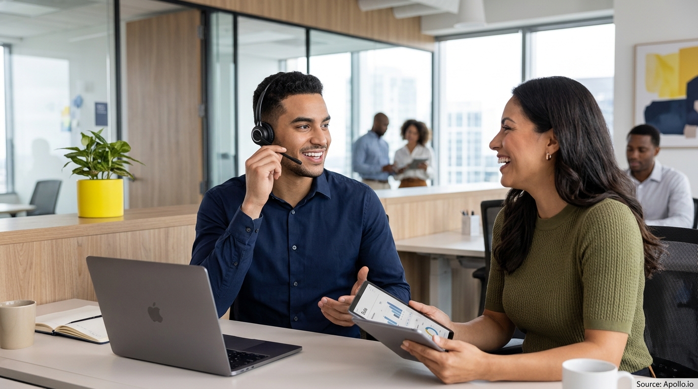 Two professionals collaborate at an office desk using a headset, laptop, and digital tablet.
