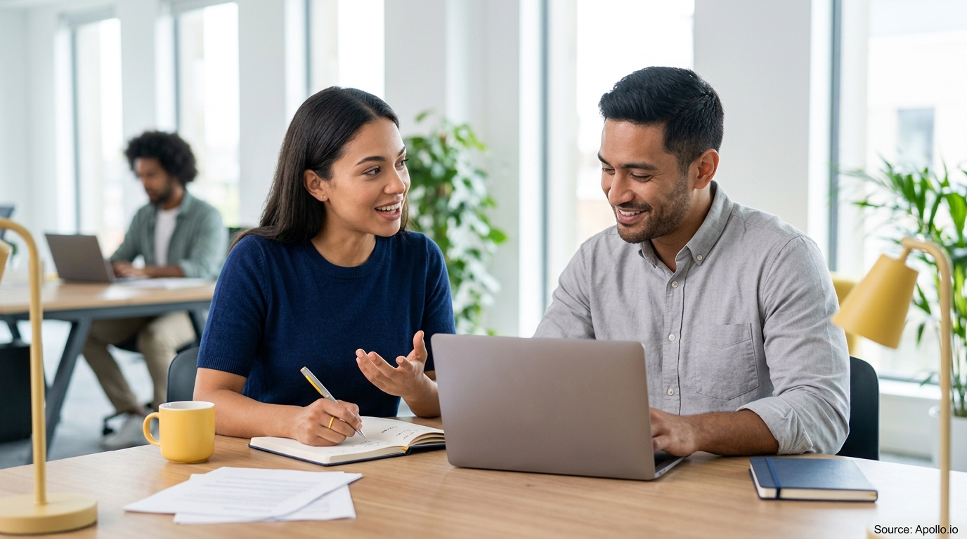 Two colleagues collaborate at a desk with a laptop and notebook in a bright, modern office.