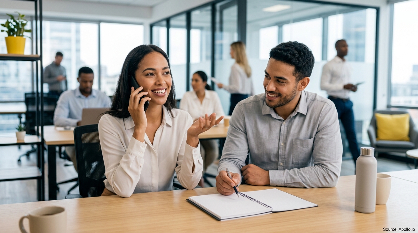 A woman talks on the phone while her colleague takes notes at a desk in a modern office.