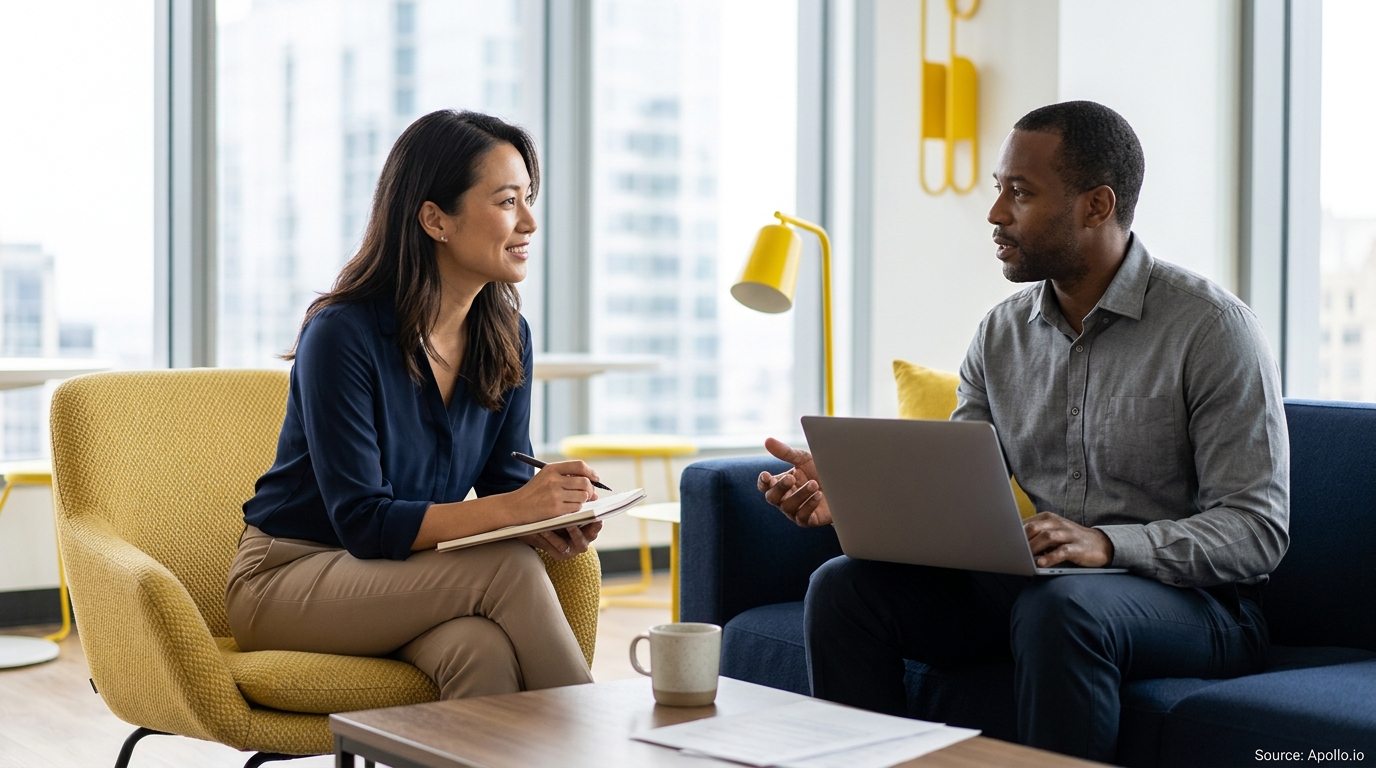 Two professionals discuss work in a modern office lounge, one using a laptop and the other taking notes.