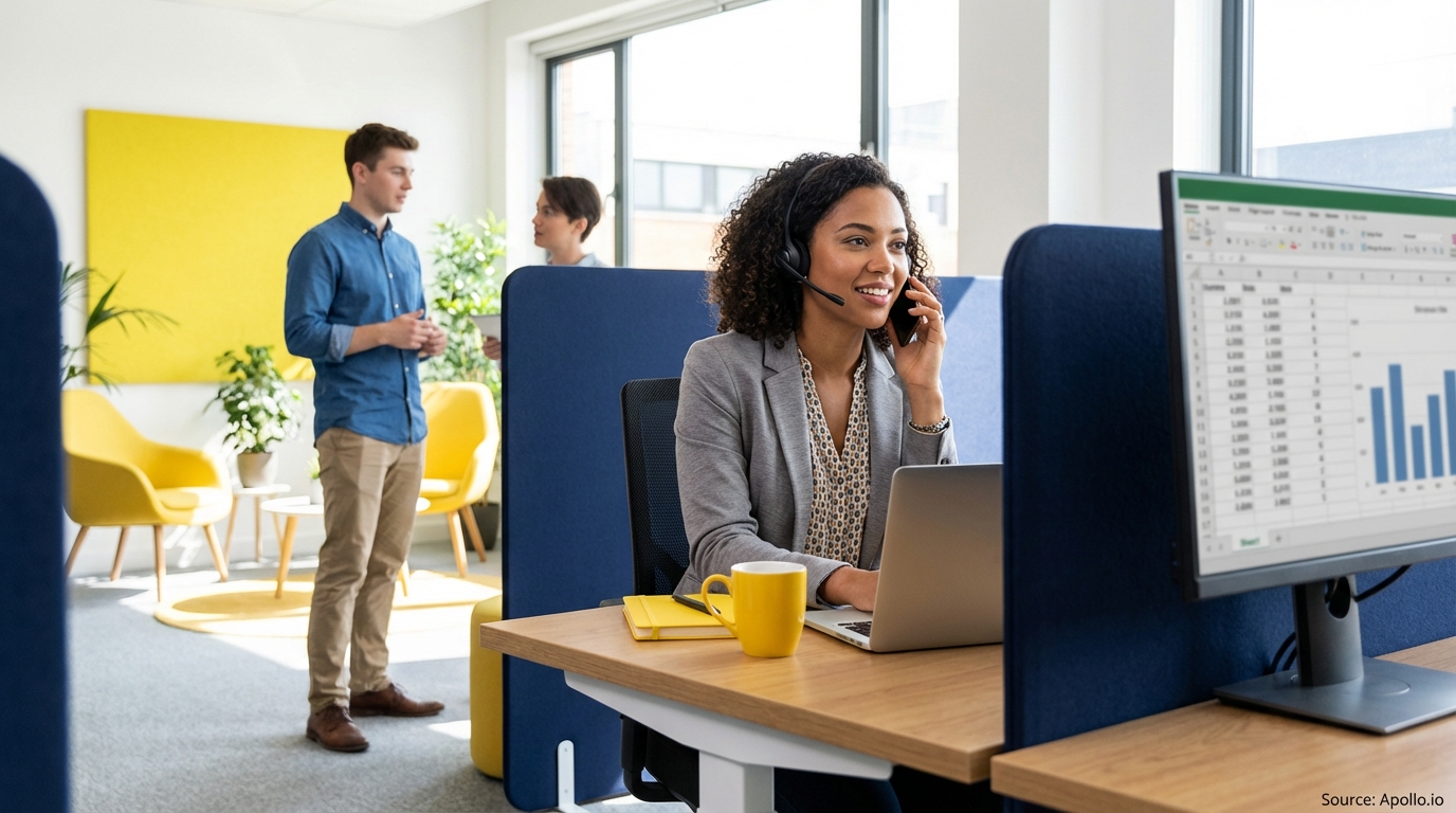 Sales development rep on a call wearing a professional headset reviewing lead generation strategies