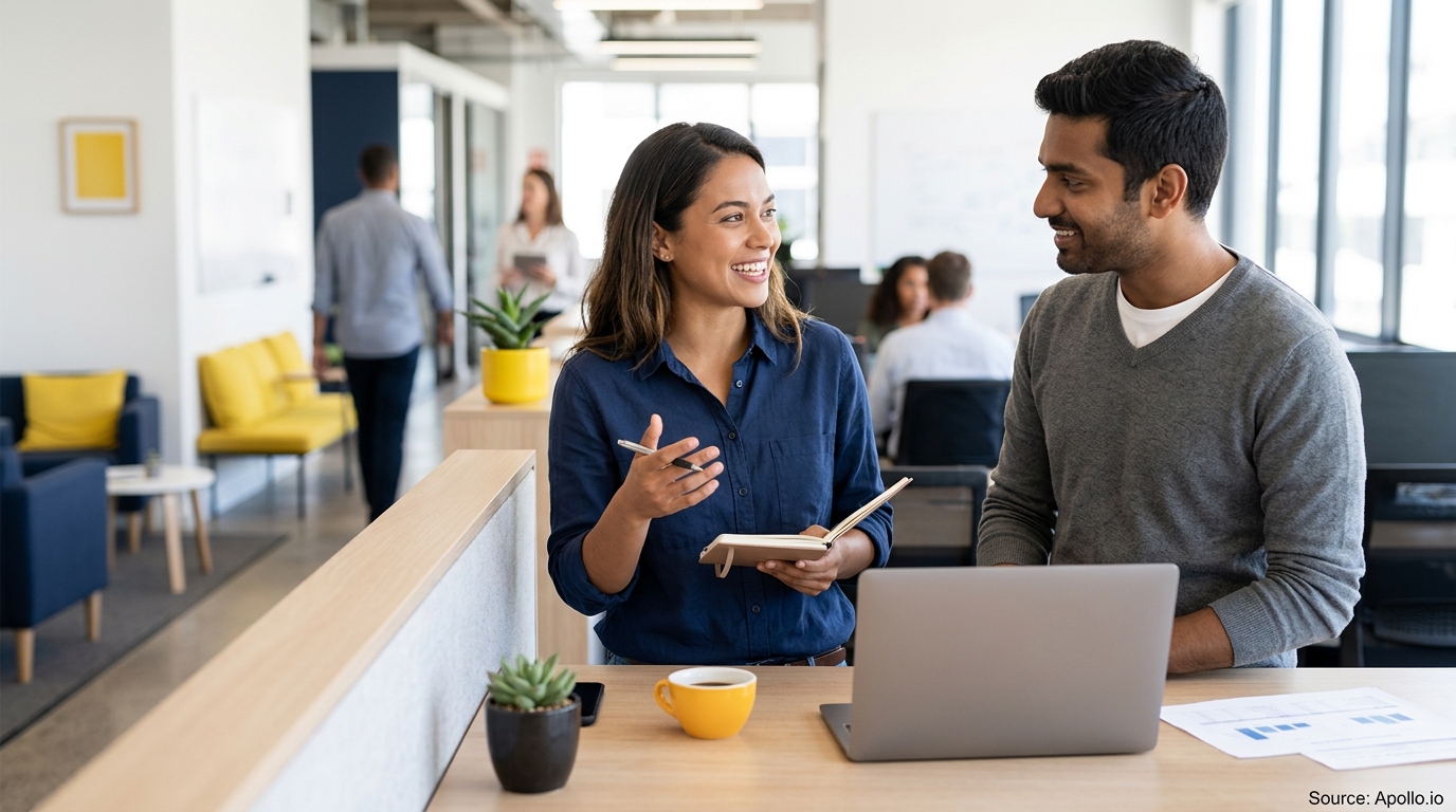 Two professionals collaborate over a laptop and notebook in a bright, modern open-plan office.