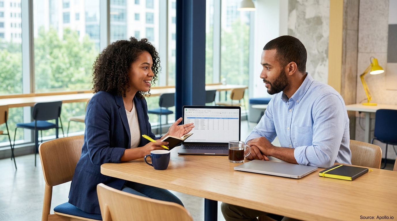 Two professionals discuss data on a laptop at a wooden table in a bright, modern office.